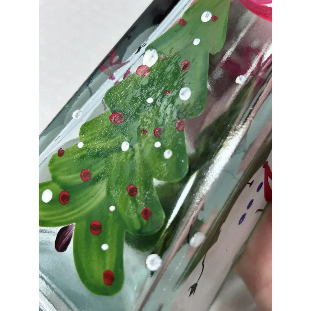 Clear Hand Painted Snowman & Christmas Tree Flower Bud Vase Bottle